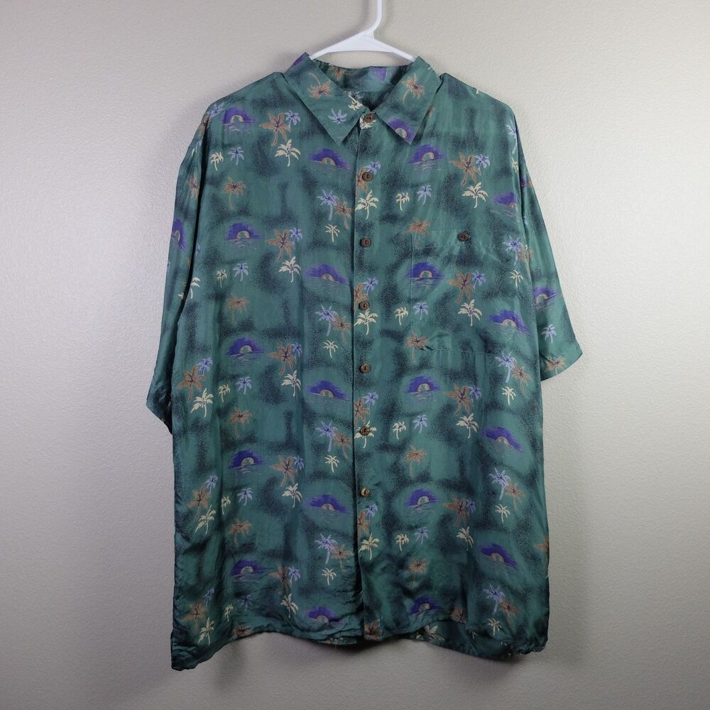 Silk Traders Green Tropical Hawaiian 100% Silk Shirt Size L